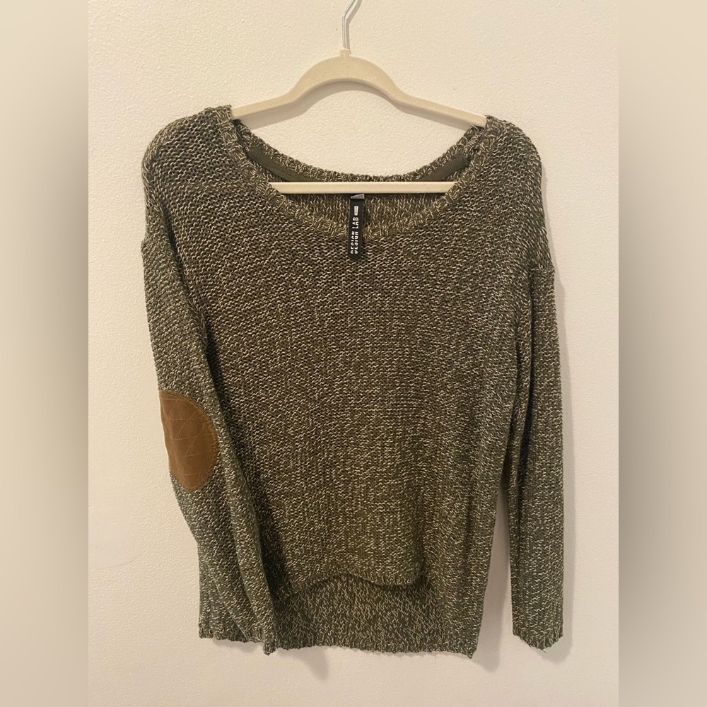 Green sweater with brown elbow pads